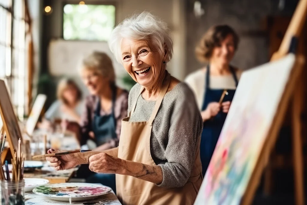 An elderly woman who is enjoying herself at a senior art class, similar to what is provided at Brentwood Health Care Center.